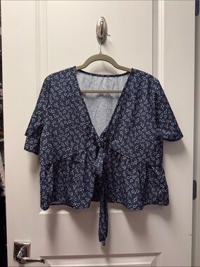 Navy Floral Tie-Front Blouse with V-Neck